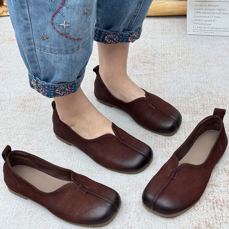 丑乐复古真皮奶奶鞋女平底一脚蹬平底鞋中老年女鞋妈妈鞋浅口单鞋,女鞋,浅口单鞋,淘宝优惠券,粉丝福利购,淘宝优惠卷