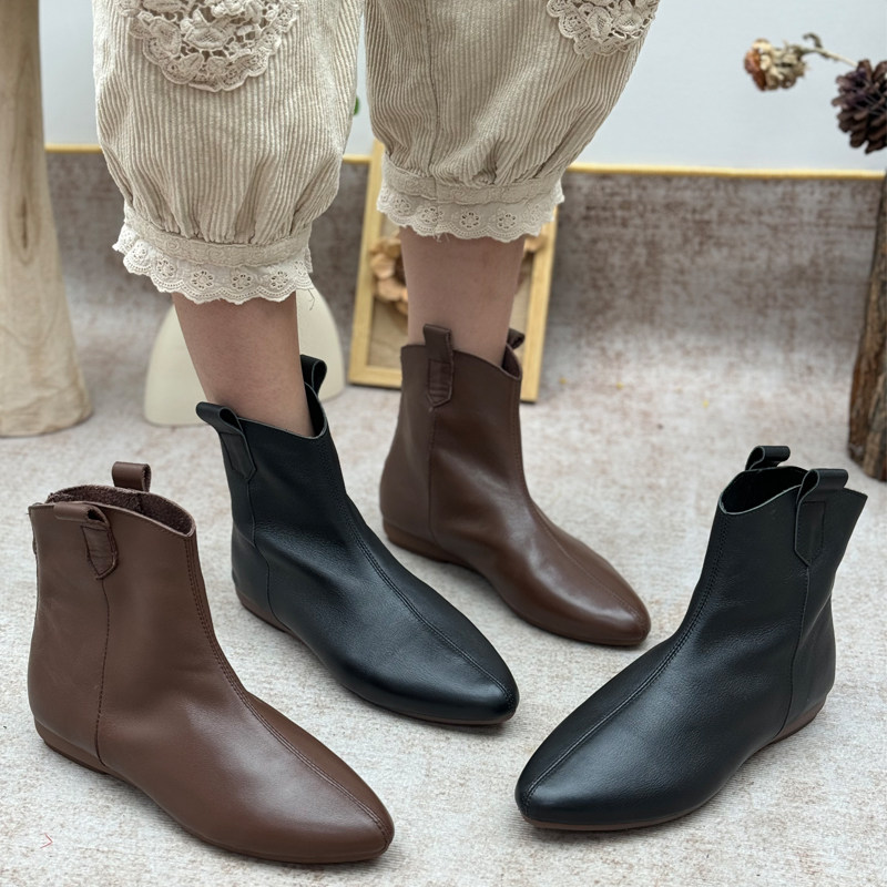 手工真皮尖头短靴女短筒时装靴软底单靴牛皮切尔西靴复古休闲女靴,女鞋,时装靴,淘宝优惠券,粉丝福利购,淘宝优惠卷