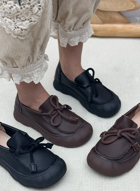 丑乐手工真皮女鞋复古休闲鞋圆头小皮鞋头层牛皮一脚蹬厚底单鞋