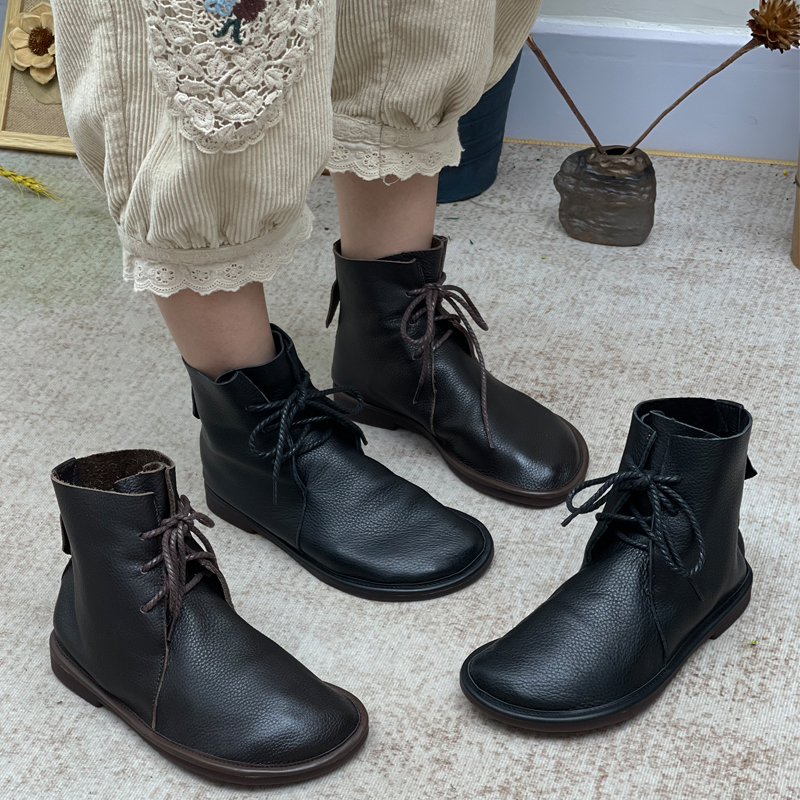 丑乐复古风时装靴真皮软皮软底