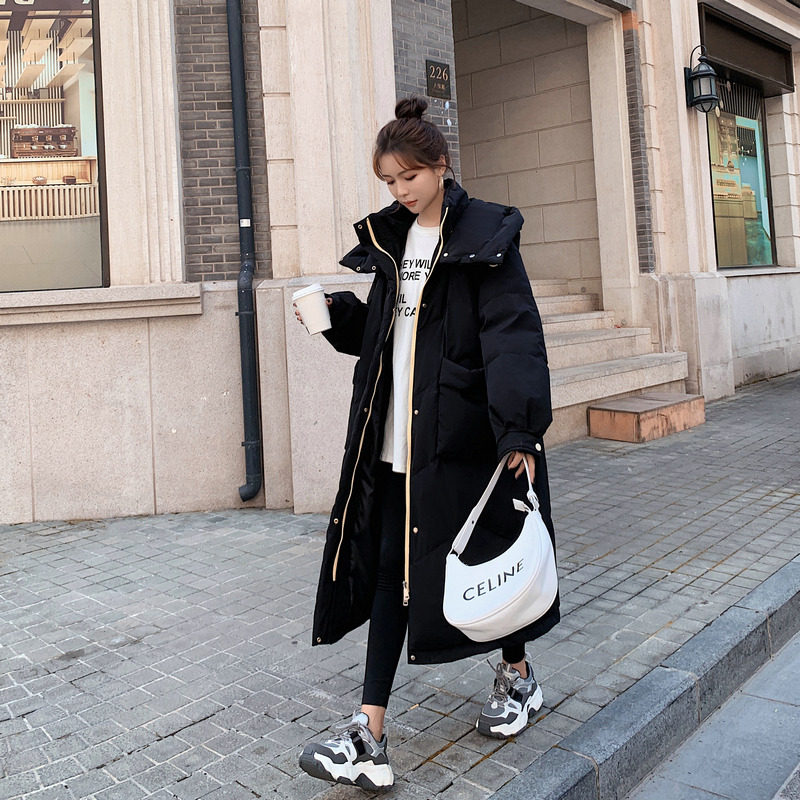黑色中长款过膝羽绒棉服女2024冬季新款韩系chic宽松加厚学生棉袄,女装棉衣/棉服,韩秀