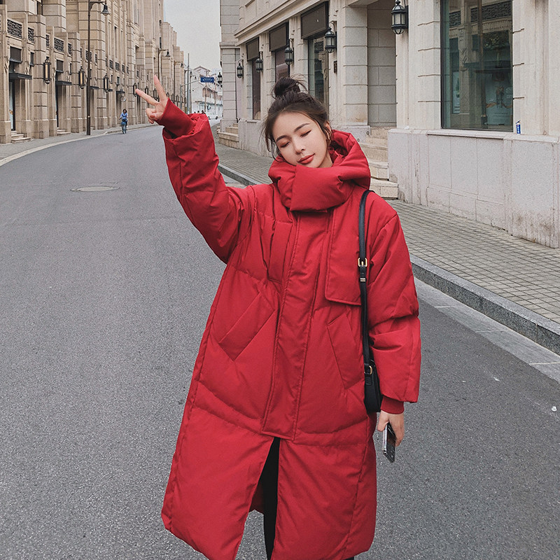 现货新款宽松显瘦红色羽绒棉服女长款保暖外套,女装棉衣/棉服,韩秀