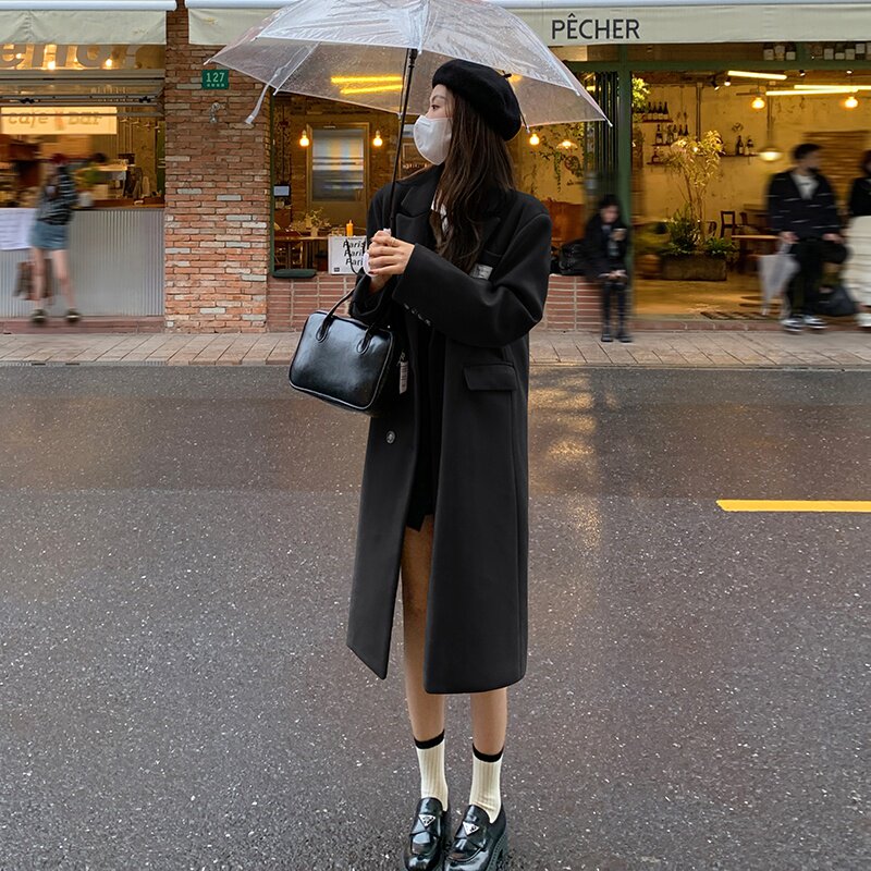 新款现货气质显瘦长款毛呢大衣外套女韩版宽松百搭秋冬装,女装毛呢外套,韩秀