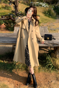 卡其色系带收腰长款风衣外套女2025春季新款高级感韩系英伦风大衣图片