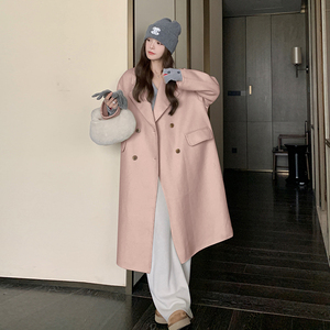 白色中长款双面羊绒大衣女2024冬季新款韩系小个子宽松毛呢外套图片