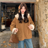 两面穿连帽羊羔毛外套女2025冬季新款超好看小个子加厚麂皮绒上衣，女装皮草，韩秀