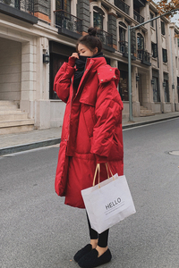 现货 新款宽松显瘦红色羽绒棉服 女长款保暖外套图片