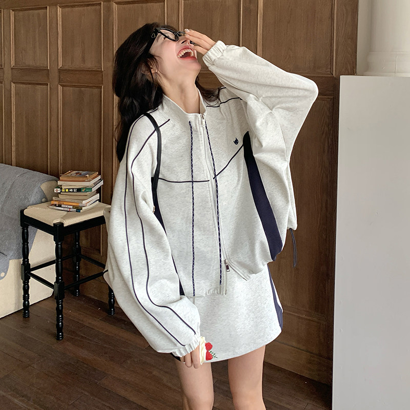 拼色运动风卫衣套装裙女2025春新款韩系休闲立领外套半身裙两件套,女装套装/套裙,韩秀