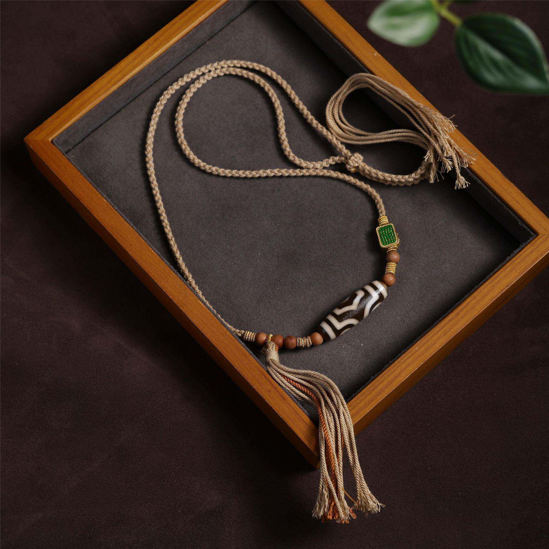 藏式手搓棉线项链绳搭配三眼天珠吊坠纯手工编绳可调节复古民族风