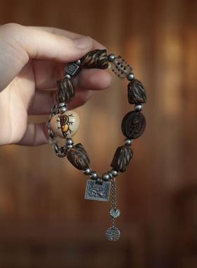 原创海南虫漏沉香手链搭配鹿角根付一心向钱料器骰子三七银配饰