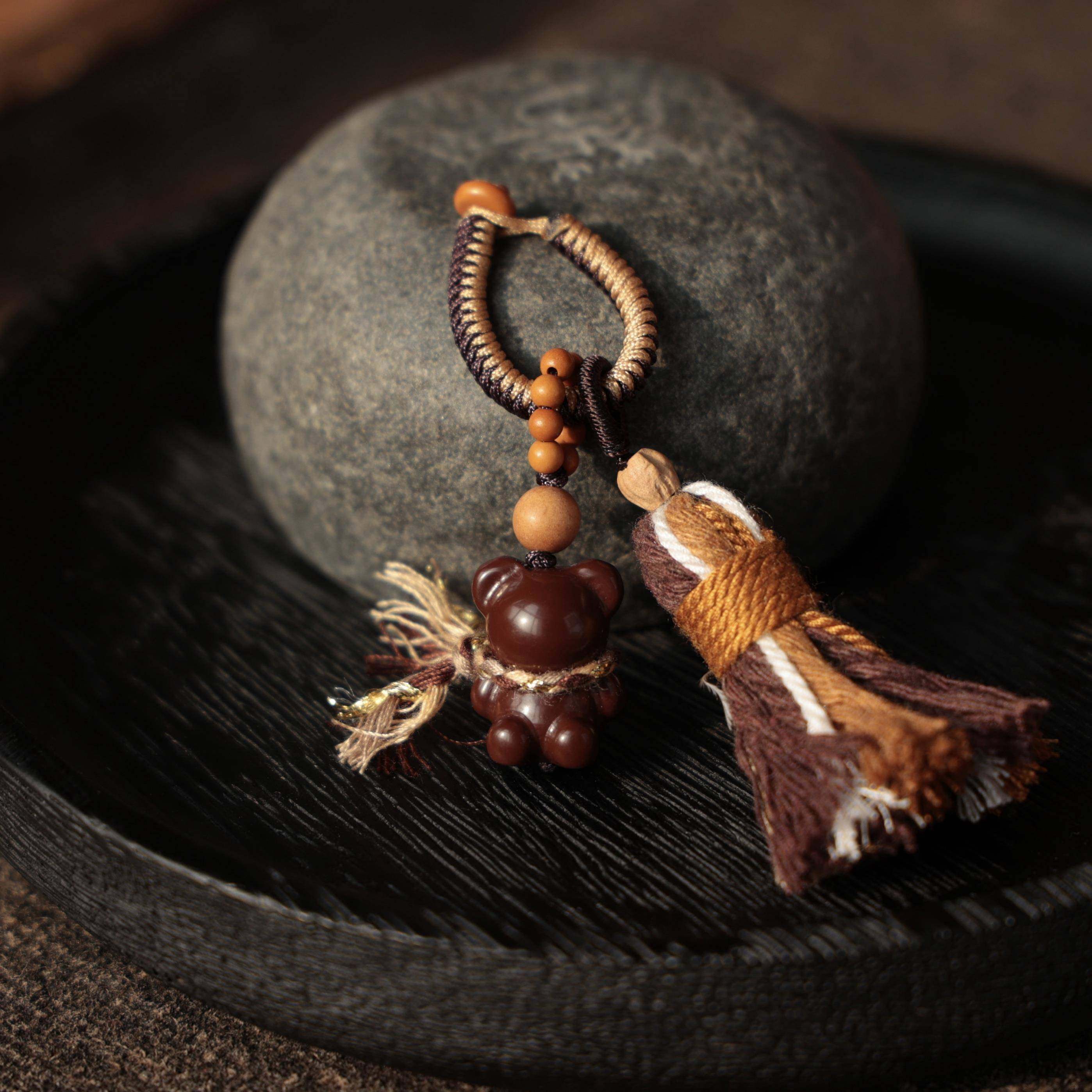 原创阿拉善巧克力玛瑙钥匙扣小提溜搭配橄榄核手工编制配件饰品