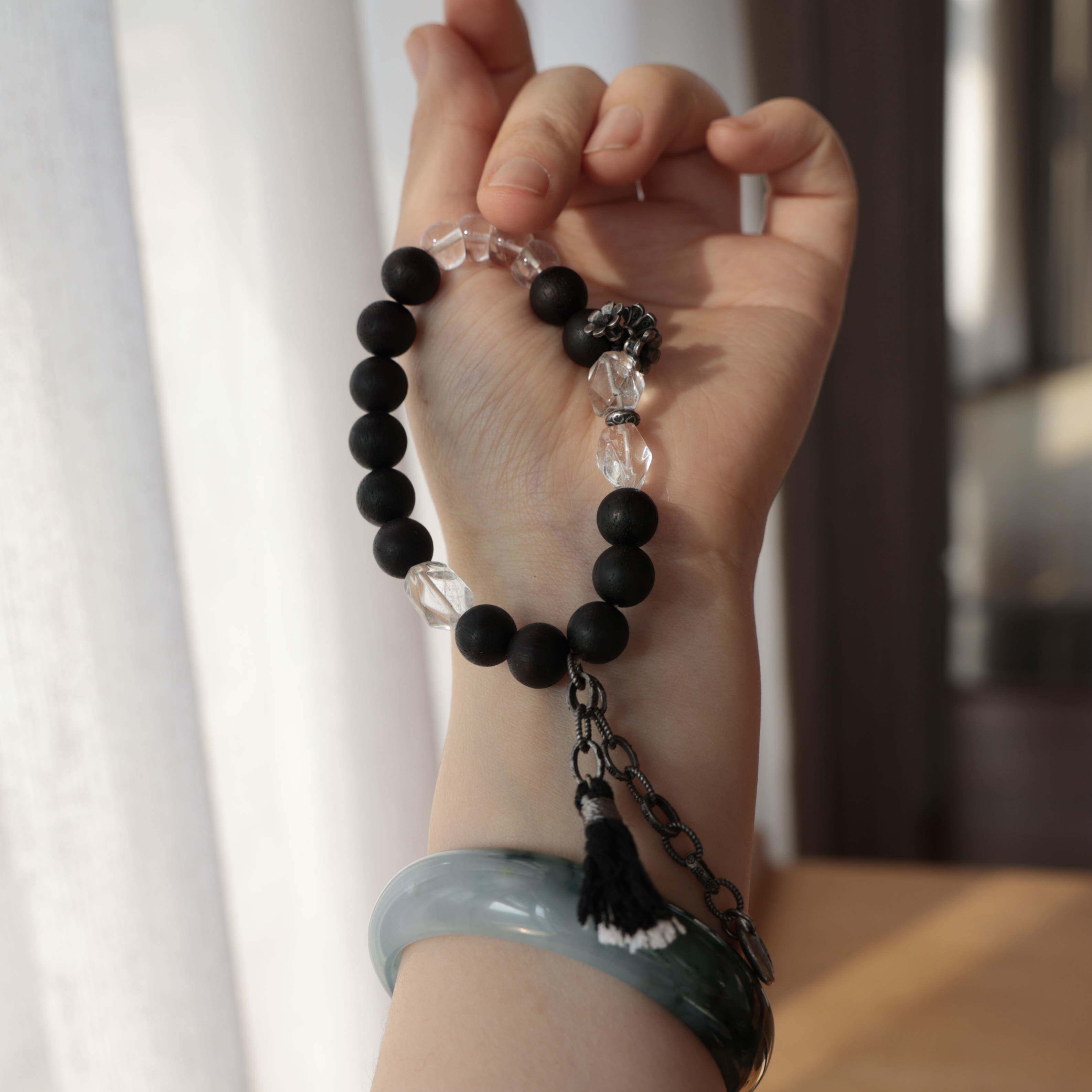 天然降真香单圈手链搭配天然白水晶大肠随形三七银配饰时尚百搭S