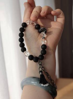 天然降真香单圈手链搭配天然白水晶大肠随形三七银配饰时尚百搭S