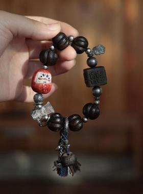 原创沉香卷卷酥手链搭配鹿角达摩蛋天然白水晶金刚杵三七银配饰