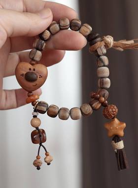 原创设计沉香贡木妖花桶珠手链搭配咖啡豆爱心芭比檀星星文玩手串