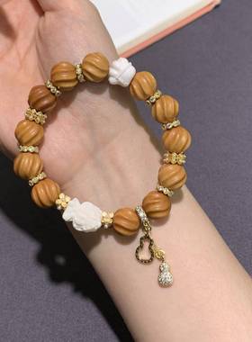 老山檀扭扭珠手串搭配高瓷驼骨佛手醒狮宝宝铜鎏金配件单圈手链ly