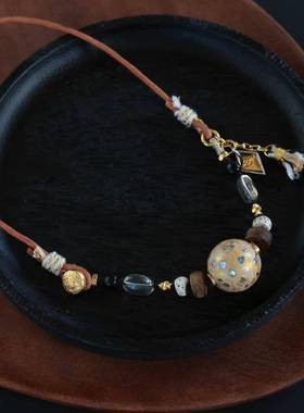 流体大漆锁骨链搭配天然水晶纯铜配饰diy手串配饰文玩配饰