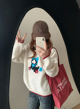 彩点猫咪毛衣吖～2色牛角扣开衫