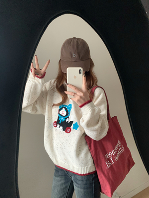 彩点猫咪毛衣吖～2色牛角扣开衫