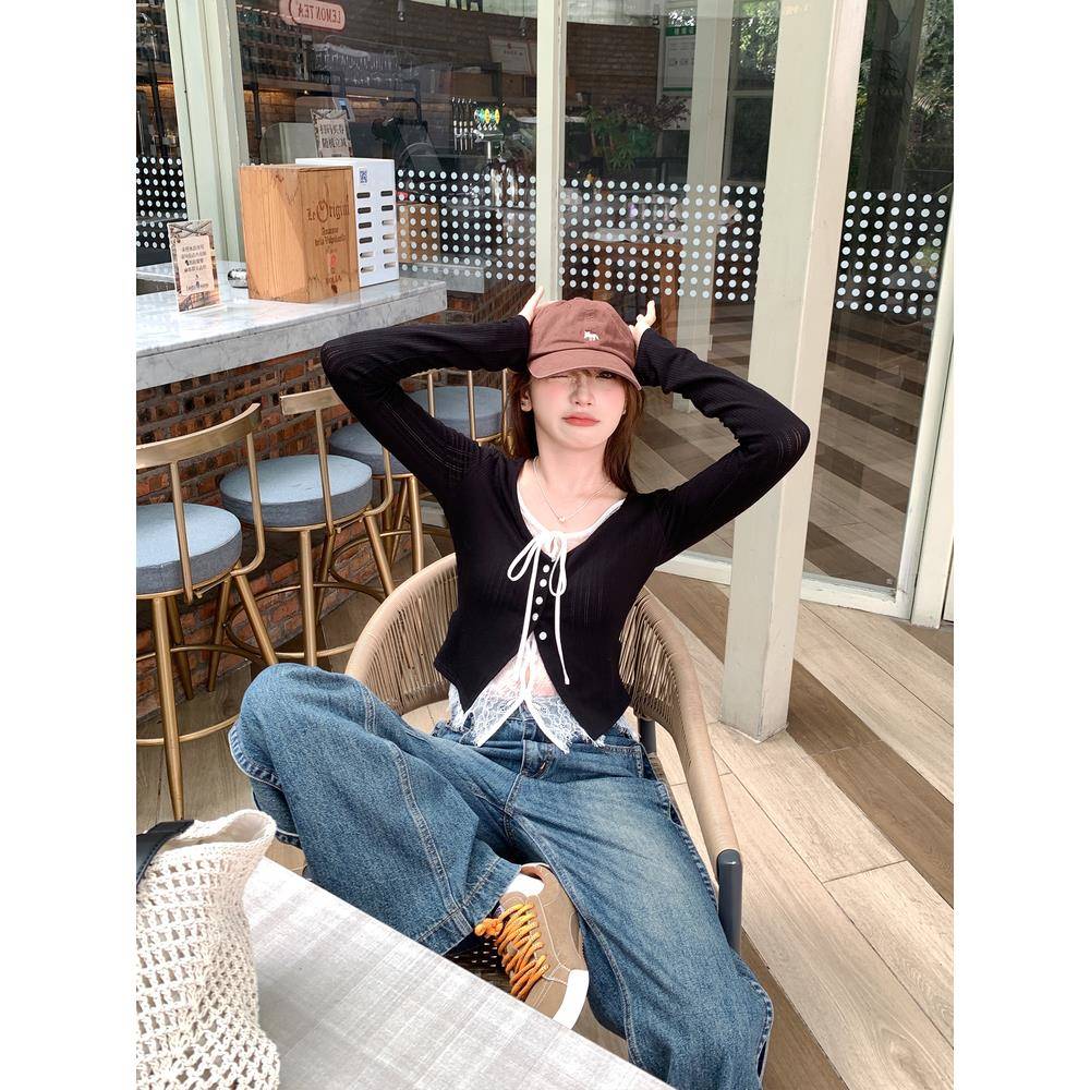 切糕自制小个子初秋新款上衣女设计感黑色拼接长袖T恤内搭针织衫