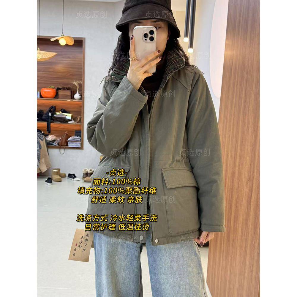 休闲加棉风衣女冬季新款纯色简约百搭宽松保暖外套棉服棉袄30055