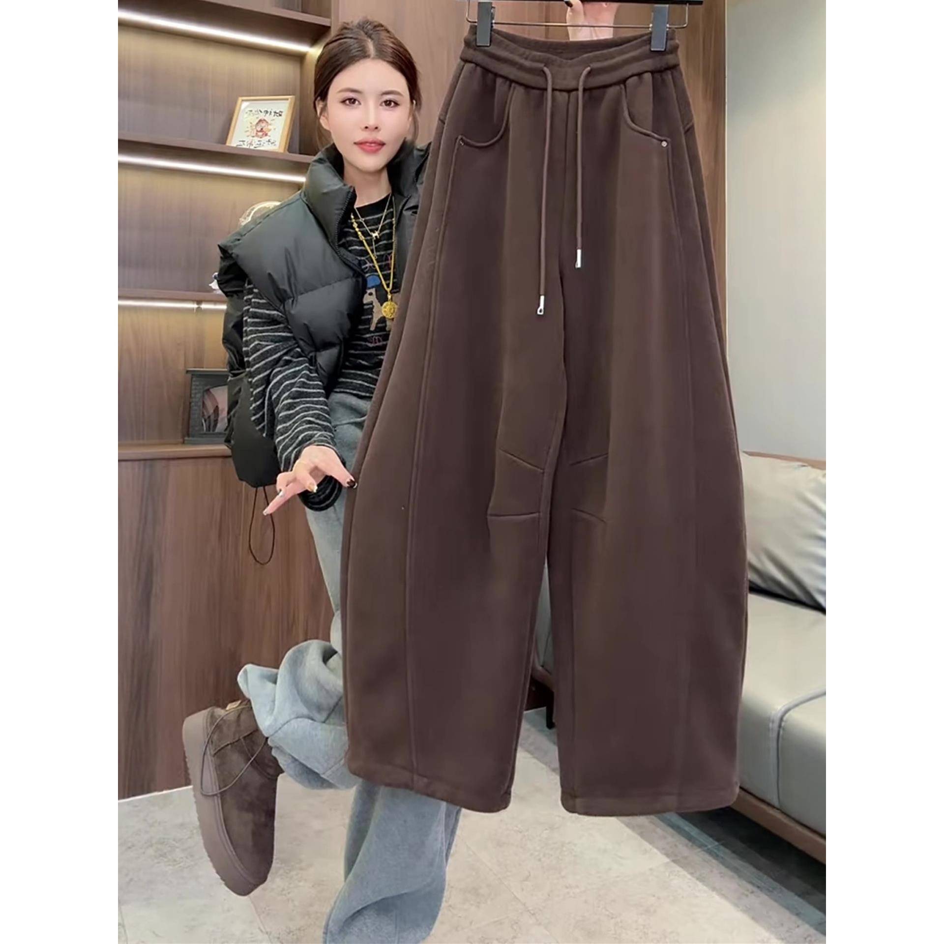 加厚奥粒绒弯刀裤卫裤女2025年欧货秋冬松紧腰休闲阔腿裤保暖裤子