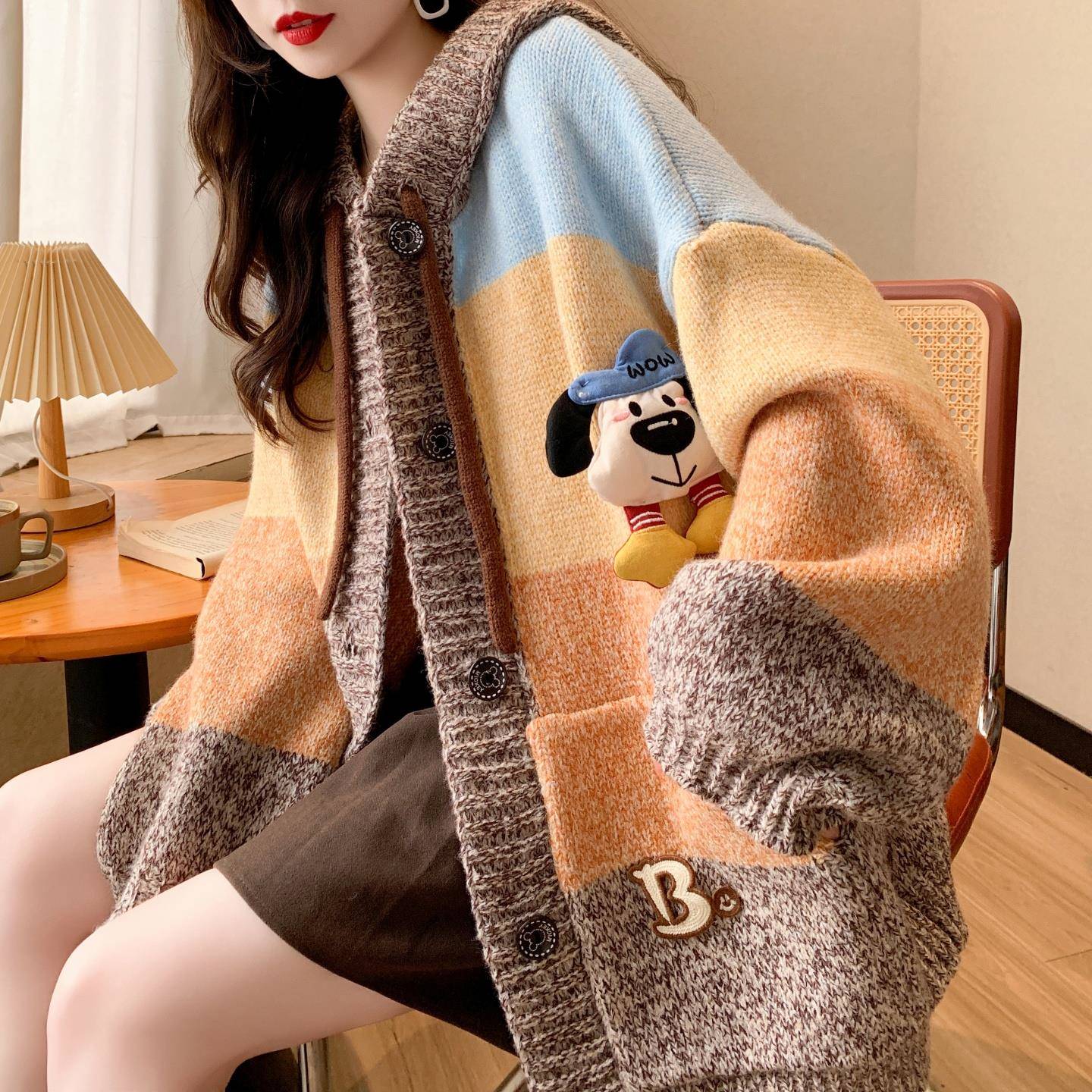 慵懒风高级感条纹针织开衫女秋冬新款巨好看显瘦减龄洋气毛衣外套