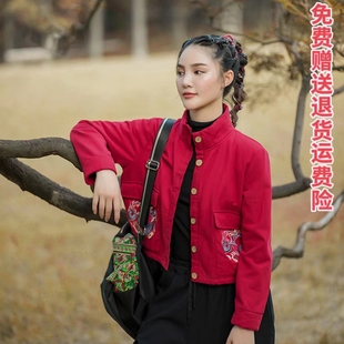 春秋冬新款民族风女装加绒棉麻绣花短款外套棉衣开衫上衣棉袄