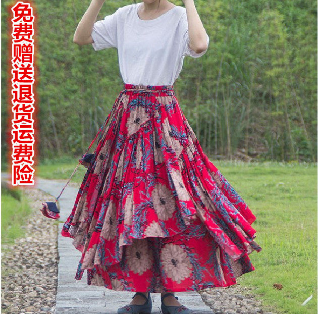2025民族风长裙女春夏秋冬超长超大摆大花棉麻跳舞舞蹈半身裙子