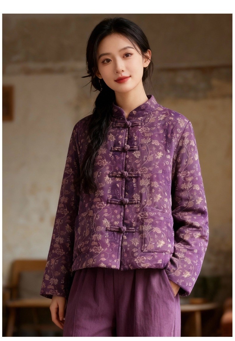 短款棉衣秋冬女装大码宽松碎花棉袄文艺复古盘扣上衣加厚保暖外套