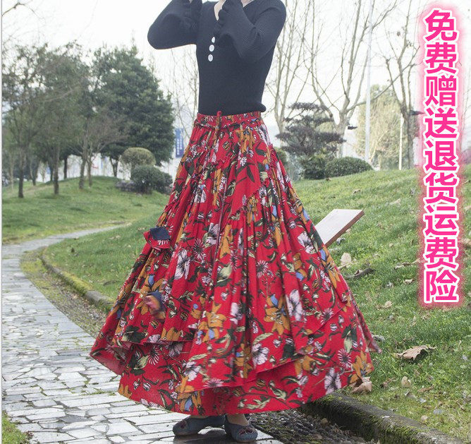 民族风大花棉麻舞蹈半身裙子
