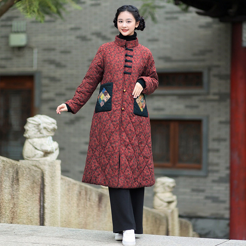 秋冬季新品文艺碎花国风复古夹棉中长款保暖棉衣立领棉服外套女