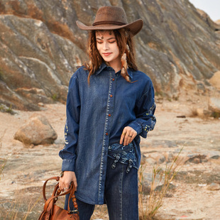 春秋季新款复古风宽松大码牛仔上衣重工刺绣百搭长袖衬衫女