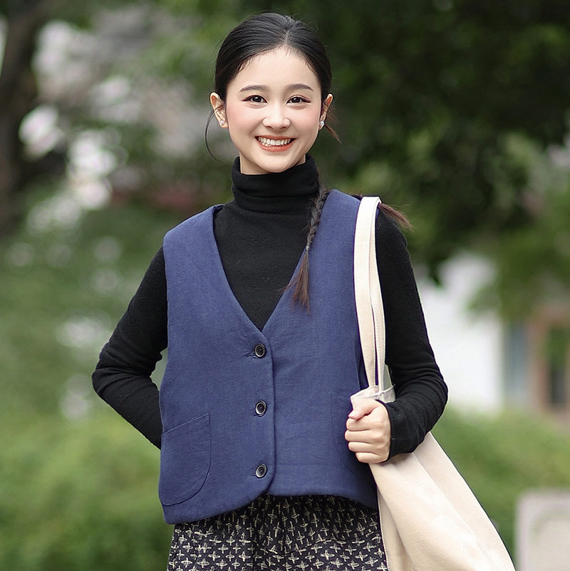棉麻马甲女冬文艺复古V领宽松纯色百搭短款夹棉保暖叠穿背心外套