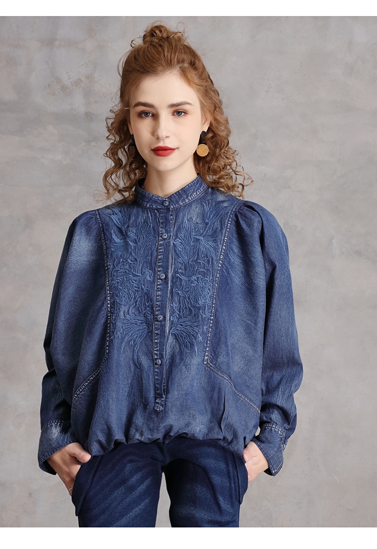 复古法式小众立领长袖衬衫女灯笼袖压褶收腰宽松大码天丝牛仔上衣