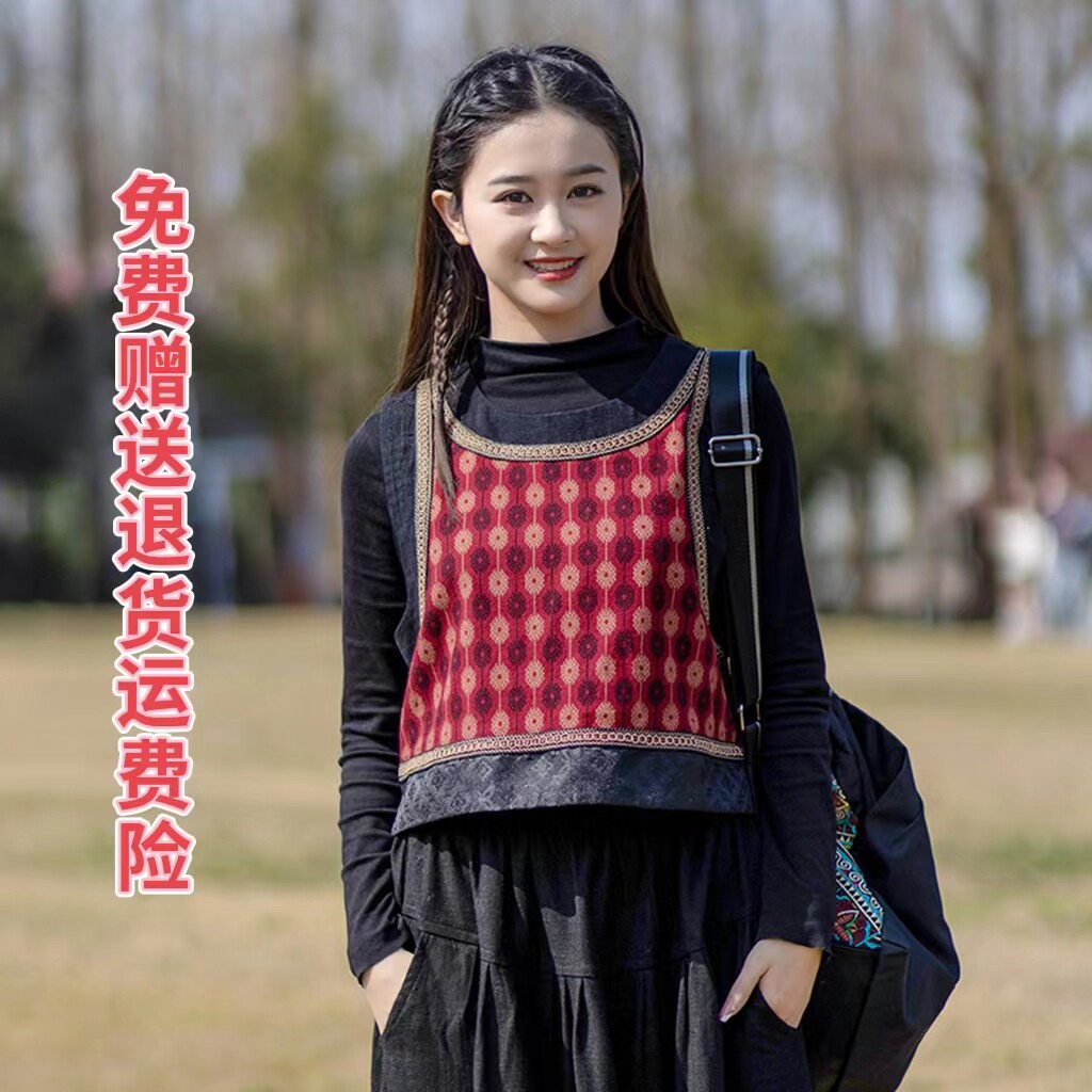 春秋冬新款民族风短款小背心女磨毛棉文艺复古撞色无袖单层马甲女