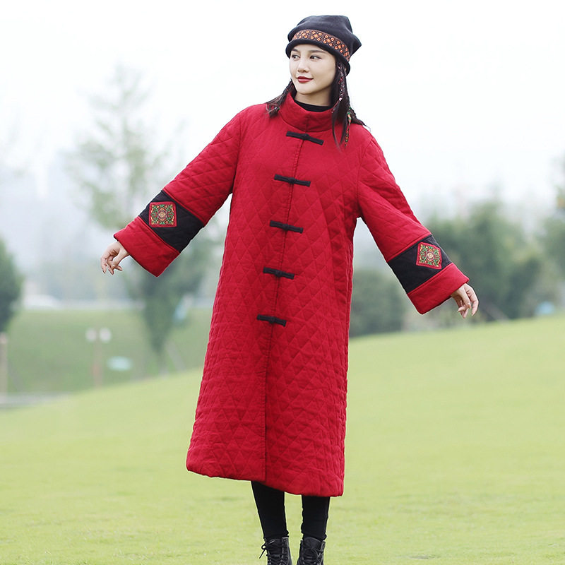 春秋冬女装新款民族风中式复古唐装棉袄女中长款拼接棉衣潮