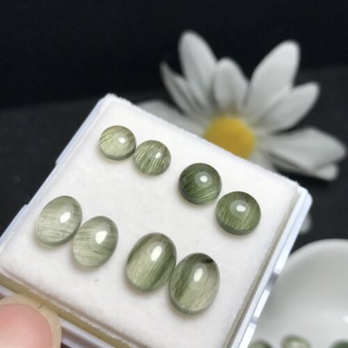 耳钉料！天然绿发晶椭圆形裸石戒面顺发可镶嵌耳钉耳饰（只有裸石
