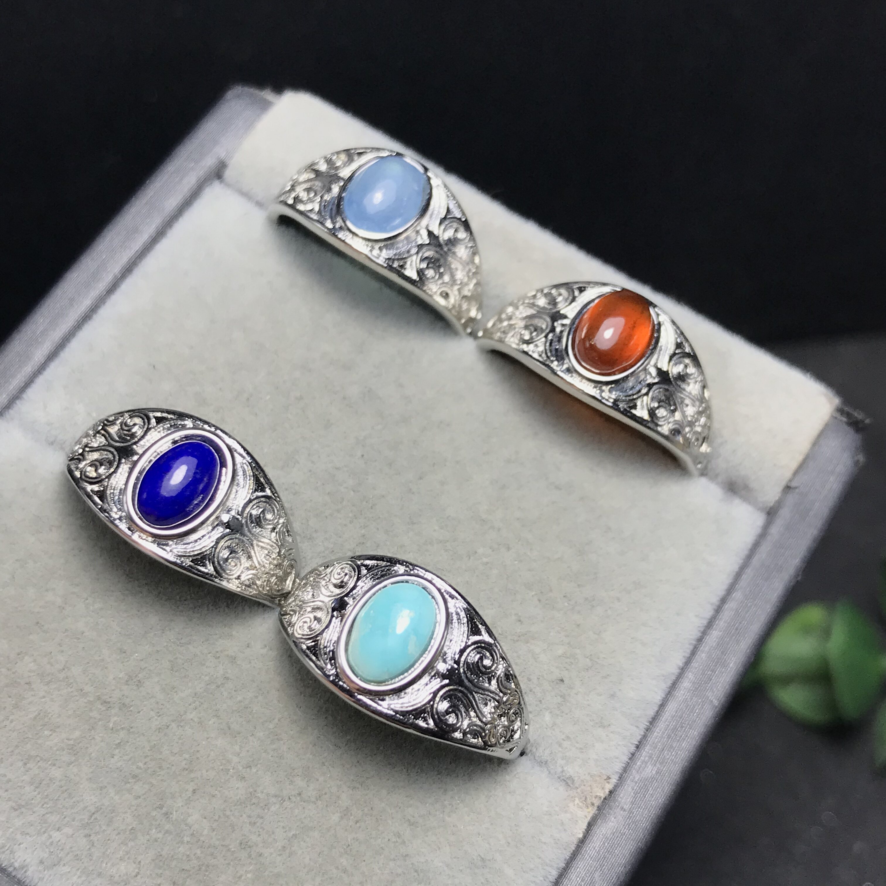 A046天然石榴石海蓝宝5*7宝石戒指活口可调节铜托非s925银戒指YX