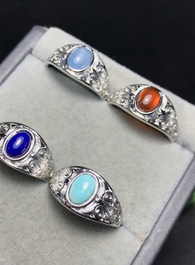 A046天然石榴石海蓝宝5*7宝石戒指活口可调节铜托非s925银戒指YX