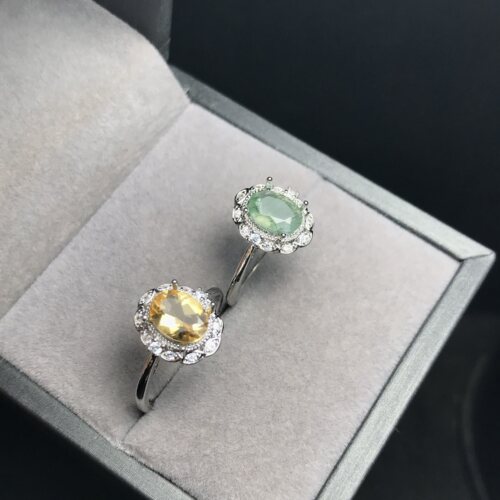 A063天然紫/黄水晶/茶晶等刻面可调节白铜托6*8非纯银戒指ZC成品