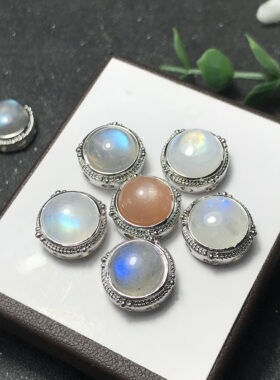 A044天然灰月光/天然太阳石魔盒白铜托主石圆10mm非纯银可穿手链