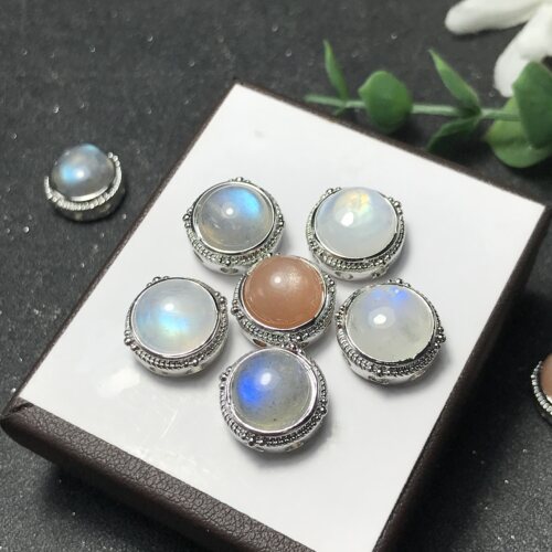 A044天然灰月光/天然太阳石魔盒白铜托主石圆10mm非纯银可穿手链