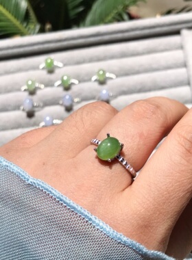 A027天然碧玉蓝玉髓7*9宝石戒指活口可调节铜托非s925纯银戒指ZC