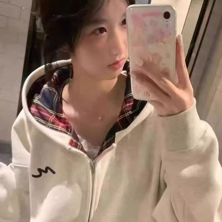 开衫美式复古oversize女外套韩系卫衣女加绒加厚拼接秋冬学生长袖