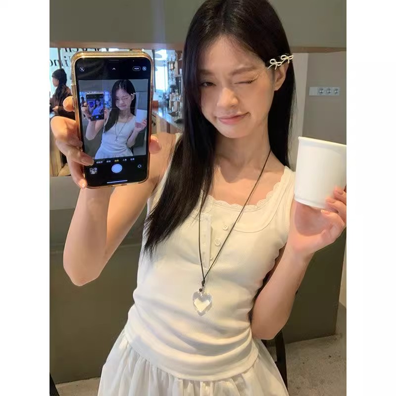PPHOME自制~假日甜心 蕾丝假两件背心吊带女夏季外穿花边修身上衣