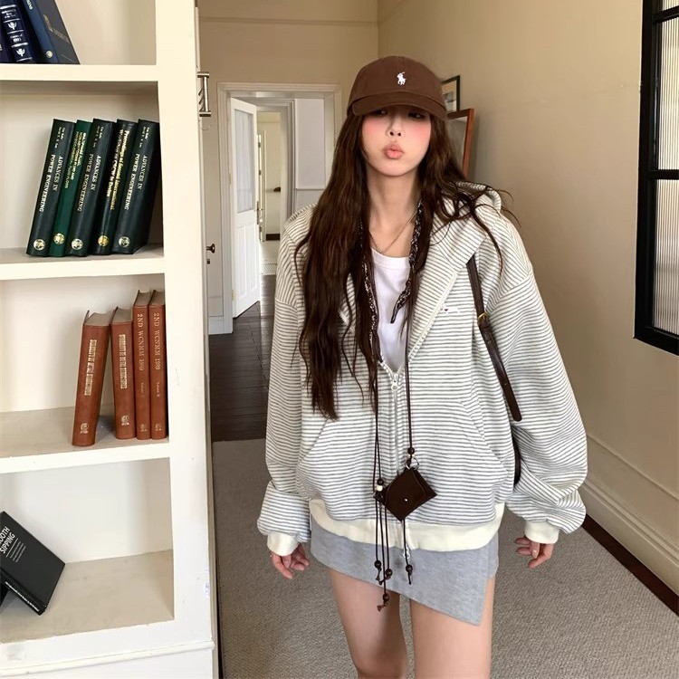 kumikumi慵懒风条纹连帽长袖卫衣外套女秋季百搭宽松显瘦休闲上衣