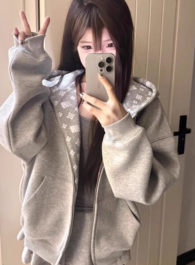 2025新款灰色开衫连帽卫衣女秋冬字母印花假两件宽松外套潮牌上衣