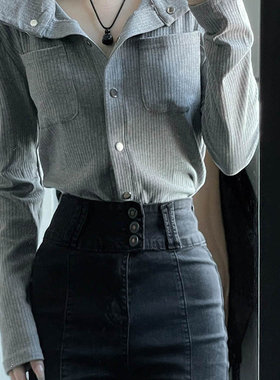 灰色复古polo领长袖衬衫女春秋季内搭打底针织开衫设计感小众上衣