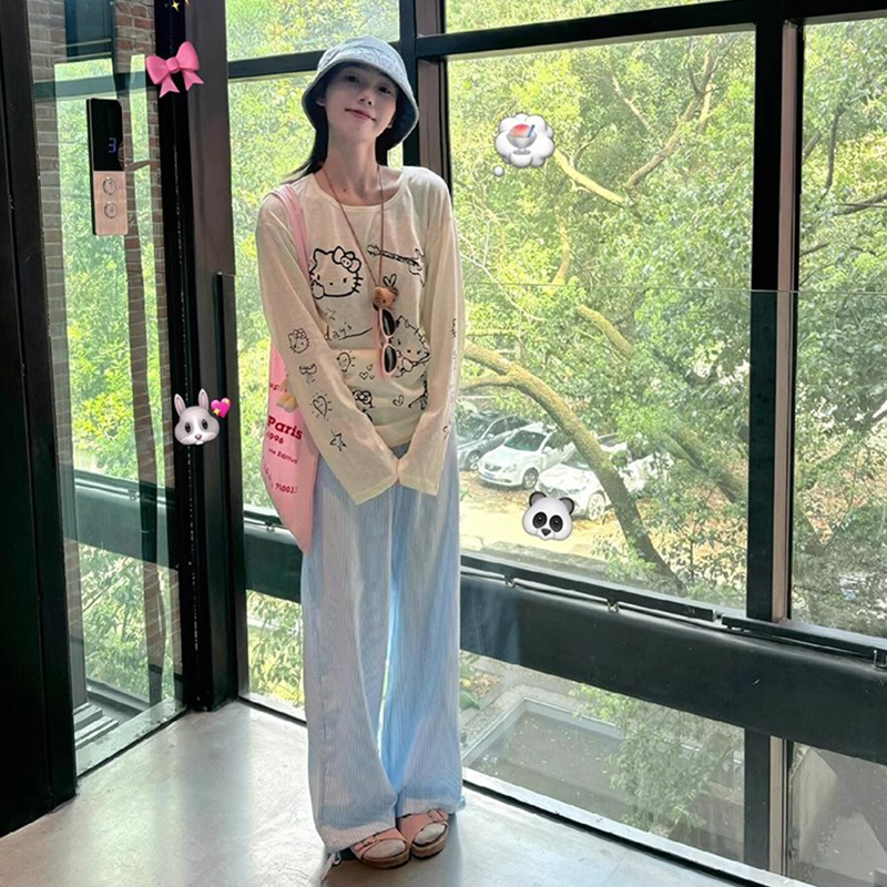 PPHOME通勤百搭~卡通kitty印花长袖防晒t恤女夏慵懒宽松圆领上衣